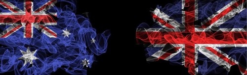 Flags of Australia and the United Kingdom on a black background, Australia vs. United Kingdom Smoke