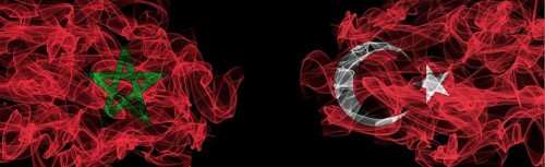 Flags of Morocco and Turkey on Black background, Morocco vs Turkey Smoke Flags