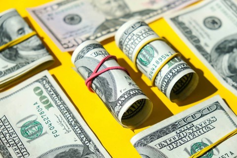 US dollars bundle close up isolated on dollar background. Paper denominations of dollars cash rolls