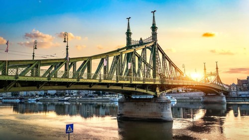 Liberty bridge on Danube river at sunrise, Hungary