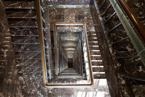 Brussels Capital Region, Belgium, 03 19 2022, Swirling staircase, view from above at the Royal