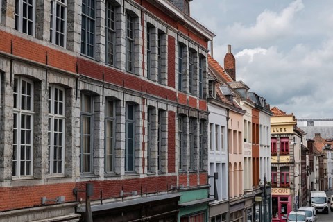 Tournai Doornik, Walloon Region Belgium, 08 14 2019 Facades of residential and commercial buildings