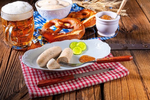 Bavarian veal sausage pretzels and beer at the Oktoberfest