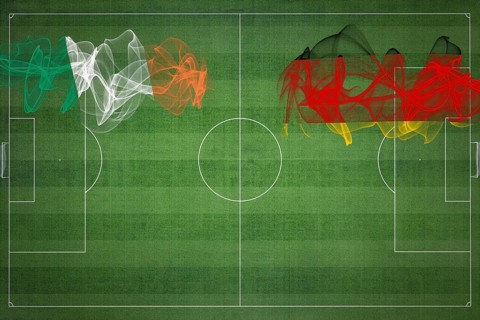 Ireland vs Germany Soccer Match, national colors, national flags, soccer field, football game,