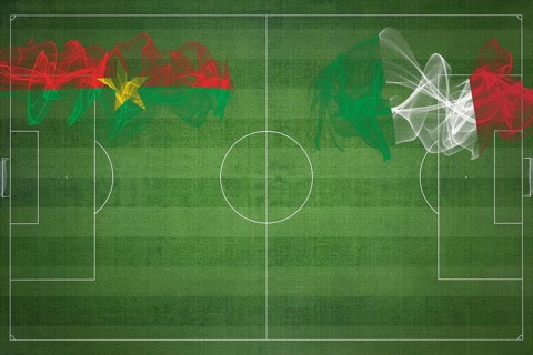 Burkina Faso vs Italy Soccer Match, national colors, national flags, soccer field, football game,