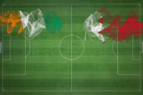 Ivory Coast vs Bahrain Soccer Match, national colors, national flags, soccer field, football game,