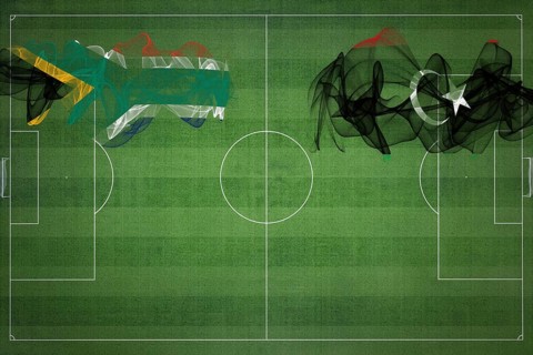 South Africa vs Libya Soccer Match, national colors, national flags, soccer field, football game,