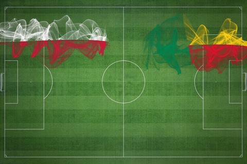 Poland vs Benin Soccer Match, national colors, national flags, soccer field, football game,