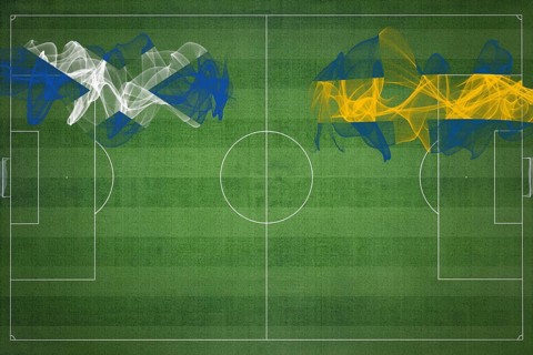Scotland vs Sweden Soccer Match, national colors, national flags, soccer field, football game,