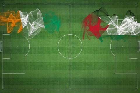 Ivory Coast vs Palestine Soccer Match, national colors, national flags, soccer field, football