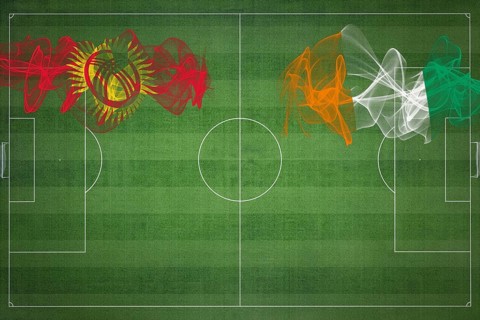 Kyrgyzstan vs Ivory Coast Soccer Match, national colors, national flags, soccer field, football