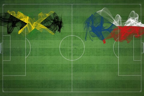 Jamaica vs Czech Republic Soccer Match, national colors, national flags, soccer field, football