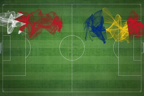 Bahrain vs Romania Soccer Match, national colors, national flags, soccer field, football game,