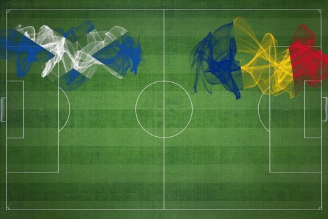 Scotland vs Romania Soccer Match, national colors, national flags, soccer field, football game,