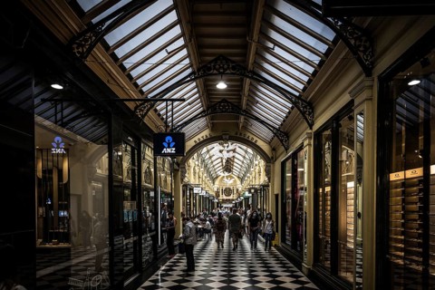 MELBOURNE, AUSTRALIA, MARCH 5, 2022: The iconic Royal arcade shopping precinct on Bourke St in