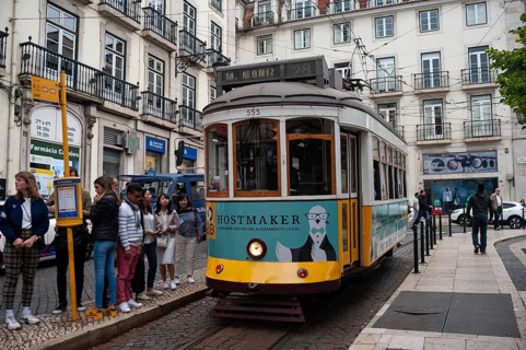 10.06.2018, Lisbon, Portugal, Europe, A tram in the historic Bairro Alto district of the Portuguese