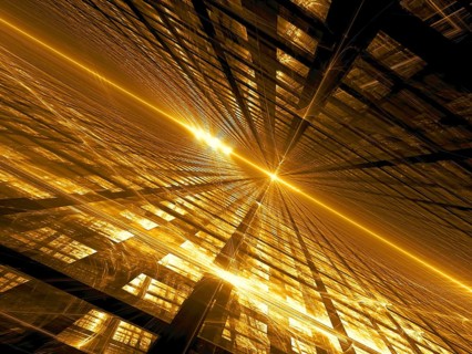 Golden fractal background with diagonal inlined surface, grid and glowing lines and curves like