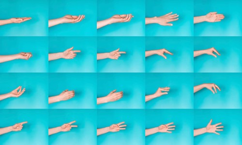 Gesturing female hands on blue background. Set of gesturing female hands isolated on blue. Hello,