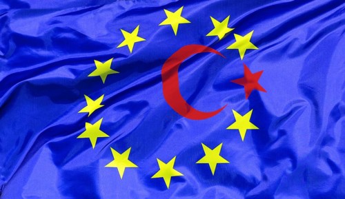 The Turkish flag inserted into the European flag, symbolising possible EU accession
