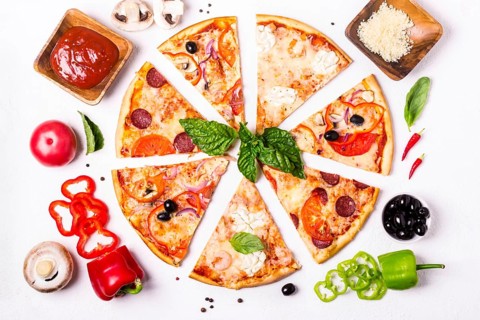Selection of Assorted pieces pizza on white background and ingredients. Pepperoni, Vegetarian and