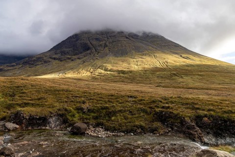 Clouds on the mountainsides, Fairy Pools, Black Cuillin Mountains, Isle of Skye, Hebrides,
