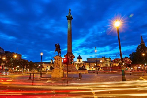 London Trafalgar Square sunset Nelson column in England
