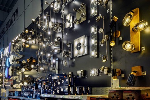 Wall in DIY store with various lights and spotlights, Bavaria, Germany
