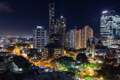 The illuminated skyline of Brisbane at night