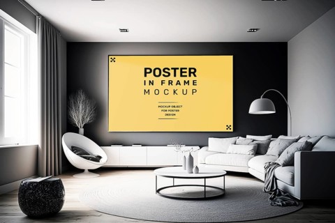 Modern room interior with mock-up photo frame on white walls. Black, gray and white furniture