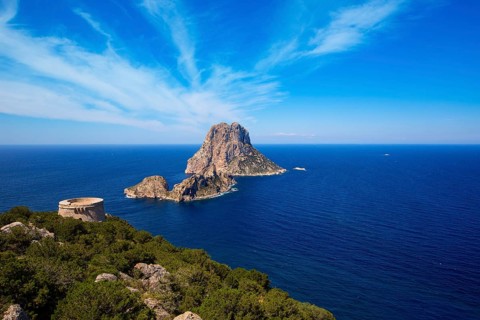 Ibiza Es Vedra view from Torre des Savinar Tower San Jose in Balearic Islands