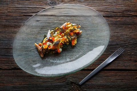 Smoked sardines salad with creamy cheese corn codium and hazelnuts