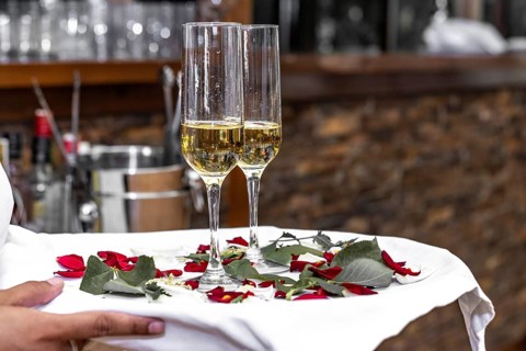 Close-up of hands holding a tray with two glasses of champagne, Waiter hands holding tray with two