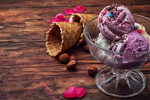 Fruit ice cream in bowl.the image is tinted in vintage style.Shallow DOF