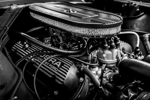 DIEDERSDORF, Germany - AUGUST 30, 2020: The engine of pony car Ford Mustang (first generation) .