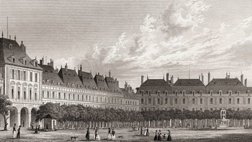 The Place des Vosges, Paris, antique steel engraved print, 1831