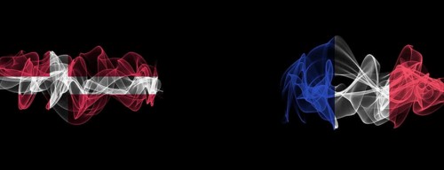 Flags of Denmark and France on Black background, Denmark vs France Smoke Flags
