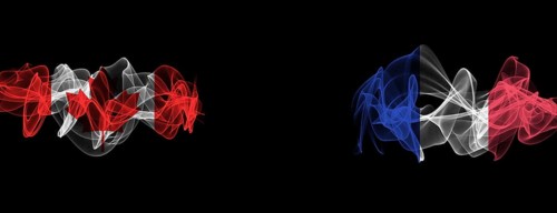 Flags of Canada and France on Black background, Canada vs France Smoke Flags