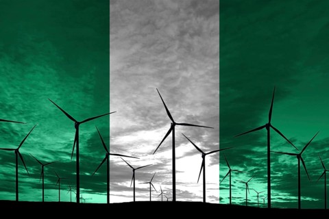 Nigeria flag wind farm at sunset, sustainable development, renewable energy Wind Turbines