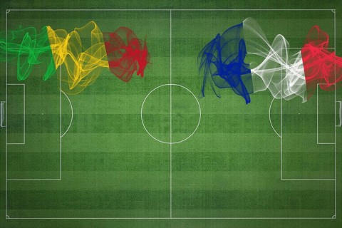 Mali vs France Soccer Match, national colors, national flags, soccer field, football game,