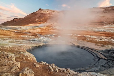 Boiling mudpots in Hverir geothermal area in Myvatn region, North of Iceland