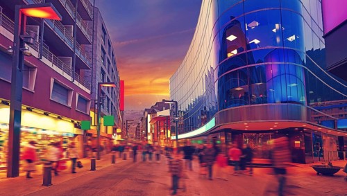 Andorra la Vella commercial area sunset street in Pyrenees