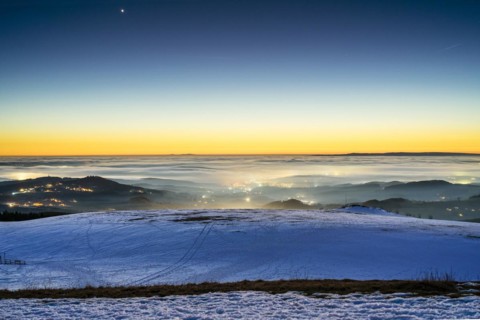 View from the Wasserkuppe at night, fog, Rhön, Hesse, Germany