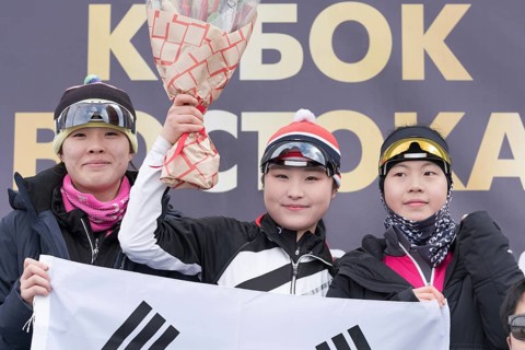 South Korea team of sportswoman biathletes during award ceremony Junior biathlon competitions East