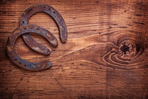Two horseshoe on vintage wooden board close up happy concept