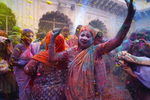 Widows celebrating Holi festival Gopinath temple, Uttar Pradesh, India, Asia
