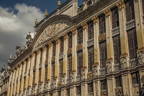 Close-up of the rich and elegant decoration on the historic buildings at Grand Place of Brussels.