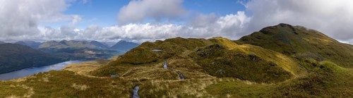 Panorama on the summit path to Ben Lomond with mountain lake, Loch Lomond and the Trossachs