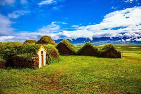 Ethnographic Museum-estate Glaumbaer, Iceland. The picturesque village of old houses covered with