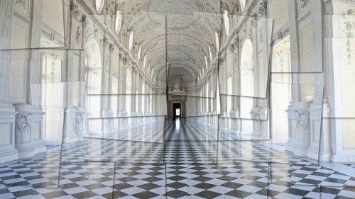 Creative picture of Reggia di Venaria Reale gallery, Italy. Luxury marbles in baroque Royal Palace