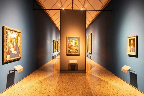 Milan, Italy, 23 September 2023: Brera antique painting museum interior. Vintage art exibition,
